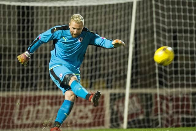 Raith Rovers forward Ryan Stevenson takes a goal-kick as he was forced to take the No 1 jersey against Ayr last night. Picture: Ross MacDonald