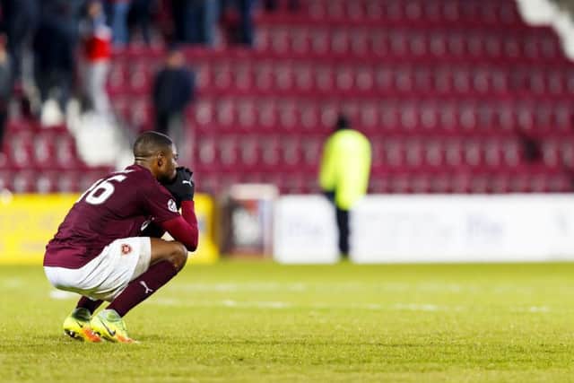 Hearts' Arnaud Djoum following the defeat by Ross County. Picture: Roddy Scott/SNS