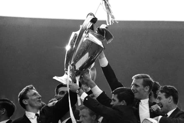 Tommy Gemmell, Bertie Auld and Billy McNeill hoist the European Cup in 1967. Picture