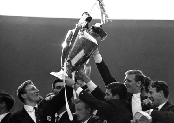 Tommy Gemmell, Bertie Auld and Billy McNeill hoist the European Cup in 1967. Picture