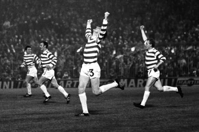 06/05/70 EUROPEAN CUP FINAL
CELTIC V FEYENOORD (1-2)
SAN SIRO - MILAN
Celtic's Tommy Gemmell (3) celebrates after scoring the opening goal while Jimmy Johnstone (right) joins in the celebrations