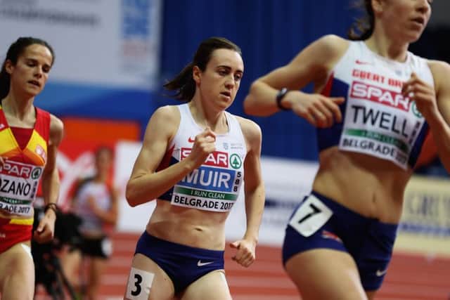 Laura Muir, centre, in action during the 3000m heats at the European Indoor Championships in Belgrade, with fellow Scot Steph Twell in front of her.  Picture: Matthew Lewis/Getty Images for European Athletics