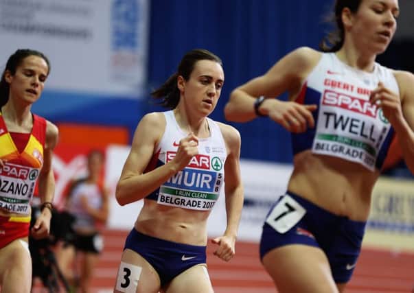 Laura Muir, centre, in action during the 3000m heats at the European Indoor Championships in Belgrade, with fellow Scot Steph Twell in front of her.  Picture: Matthew Lewis/Getty Images for European Athletics