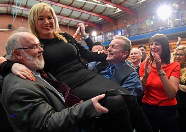 Michelle O'Neill, leader of Sinn Fein in Northern Ireland, celebrates winning her seat for Mid Ulster. Picture: Getty Images