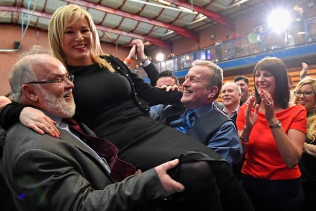 Michelle O'Neill, leader of Sinn Fein in Northern Ireland, celebrates winning her seat for Mid Ulster. Picture: Getty Images