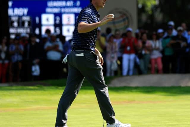 Rory McIlroy reacts after holing a birdie putt at the ninth during the second round of the WGC-Mexico Championship. Picture: Getty Images