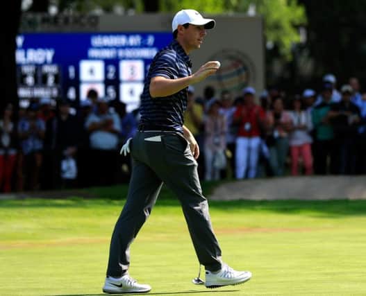 Rory McIlroy reacts after holing a birdie putt at the ninth during the second round of the WGC-Mexico Championship. Picture: Getty Images