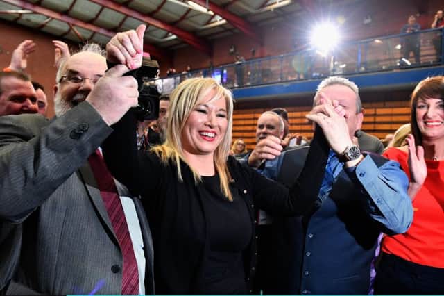 Michelle O'Neill, leader of Sinn Fein in Northern Ireland, celebrates in Ballymen after winning her seat for Mid Ulster. Picture: Jeff J Mitchell/Getty Images