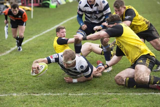 Michael Liness of Heriots opens the scoring with a try but then Melrose took command.  Photograph: Ross Parker/SRU/SNS