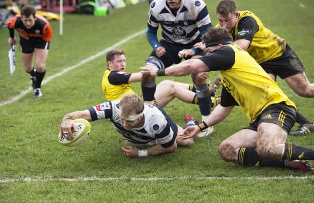 Michael Liness of Heriots opens the scoring with a try but then Melrose took command.  Photograph: Ross Parker/SRU/SNS