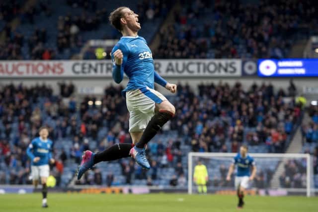 Joe Garner celebrates his hat-trick. Picture: SNS/Rob Casey