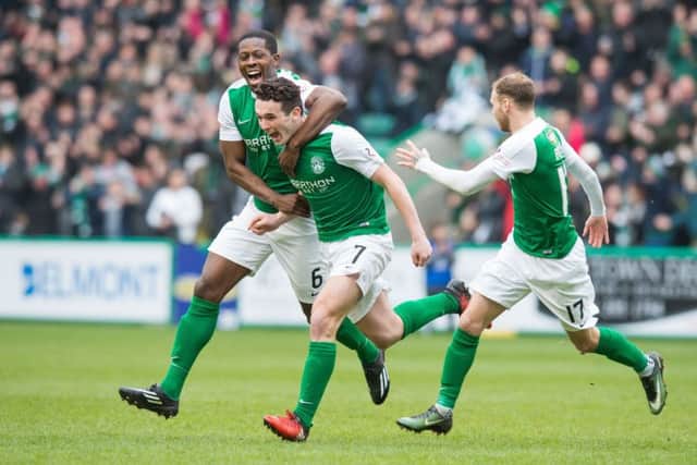 John McGinn celebrates his thumping goal. Picture: Ian Georgeson