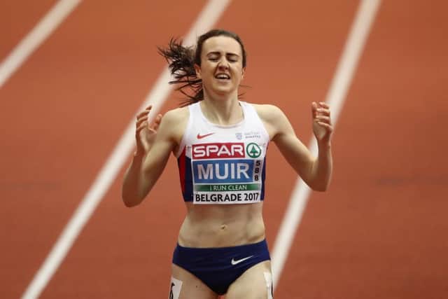 Laura Muir crosses the line to win the 3,000m in Belgrade. Picture: Getty.