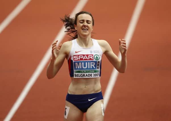 Laura Muir crosses the line to win the 3,000m in Belgrade. Picture: Getty.