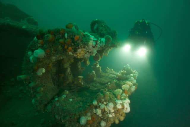 A diver explores the wreck of the SMS Karlsruhe, a German light cruiser scuttled at Scapa Flow. Picture: BSAC