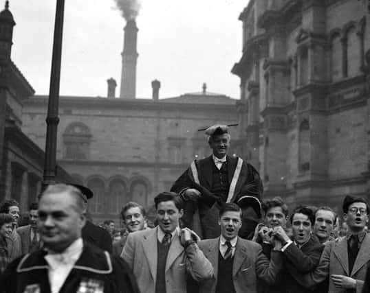 Sir Alexander Fleming carried shoulder high after his installation as Rector of the University of Edinburgh in 1952