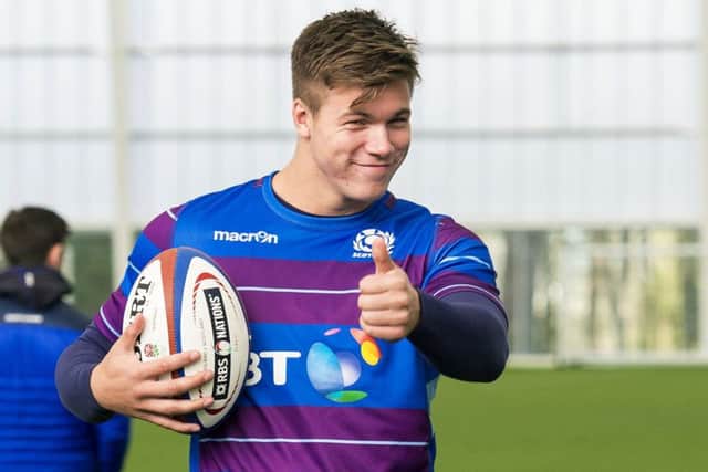 Scotland centre Huw Jones in positive mood during training at Oriam. Picture: SNS/SRU