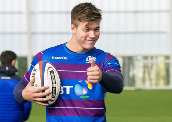 Scotland centre Huw Jones in positive mood during training at Oriam. Picture: SNS/SRU