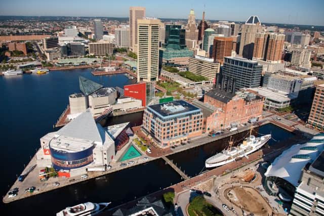 An aerial view of Baltimore's historic harbour area. Picture: Visit Baltimore