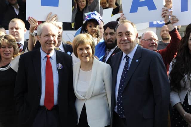 Jim Sillars (left) on the indyref campaign trail in 2014 with then First Minister Alex Salmond and Nicola Sturgeon. Picture: Andew O'Brien