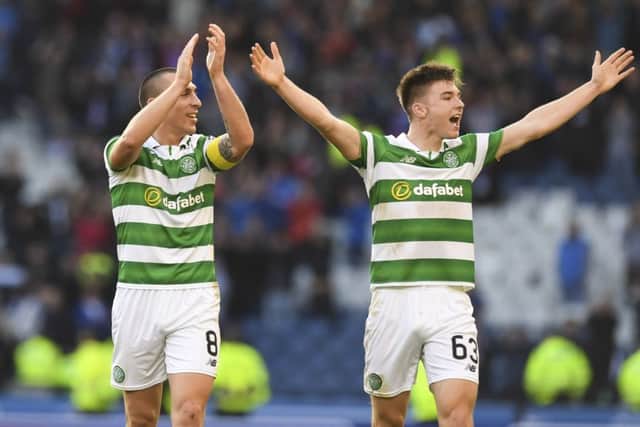 Kieran Tierney celebrates Celtic's 1-0 win over Rangers in the Betfred Cup semi-final at Hampden in October last year.