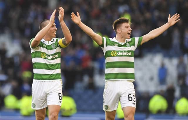 Kieran Tierney celebrates Celtic's 1-0 win over Rangers in the Betfred Cup semi-final at Hampden in October last year.