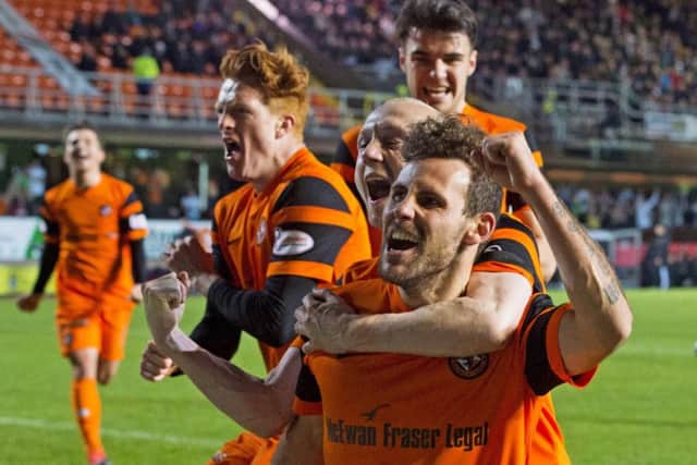 Dundee United striker Tony Andreu celebrates the goal which beat Hibs at Tannadice in December. Picture: Craig Foy/SNS