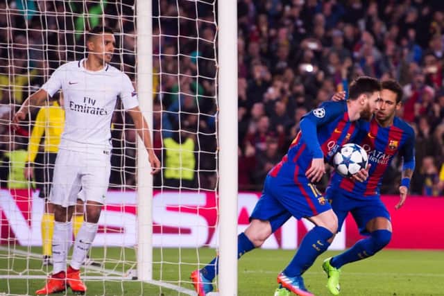 Neymar congratulates Messi as they race back to the centre circle after the Argentine had made it 3-0 to Barcelona from the penalty spot.