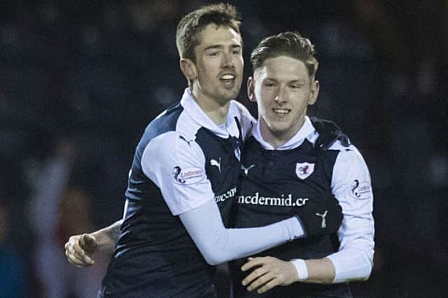 Raith Rovers' Ryan Hardie celebrates with Declan McManus (right) after making it 1-0 to the Fife side. Picture: Craig Williamson/SNS