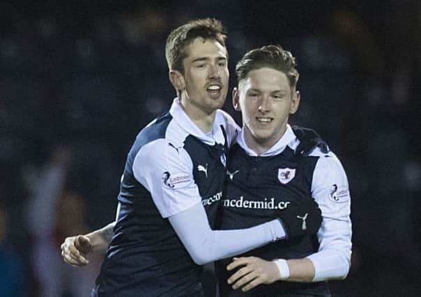 Raith Rovers' Ryan Hardie celebrates with Declan McManus (right) after making it 1-0 to the Fife side. Picture: Craig Williamson/SNS