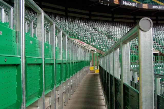 The rail seating system at Parkhead follows several German examples and allows fans to sit or stand, depending on the match. Picture: Contributed