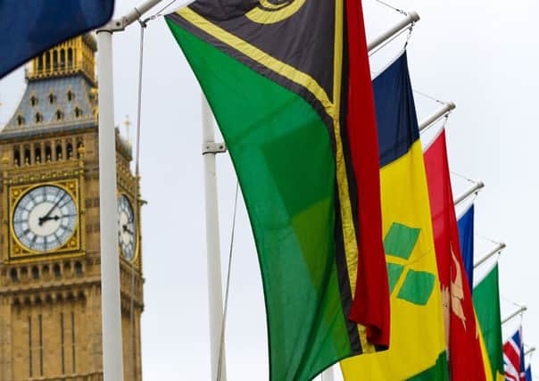 Flags of the Commonwealth in Parliament Square in London, ahead of the Commonwealth Service in Westminster Abbey. Picture: Rex/Shutterstock