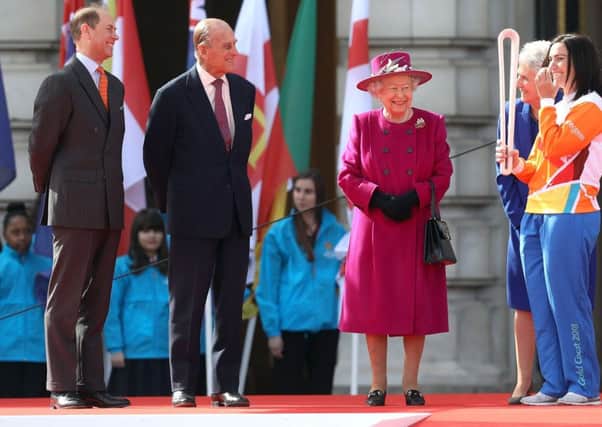 Prince Edward, Earl of Wessex, Prince Philip, Duke of Edinburgh, Queen Elizabeth II and Anna Meares attend the launch of The Queen's Baton Relay. Picture: Getty