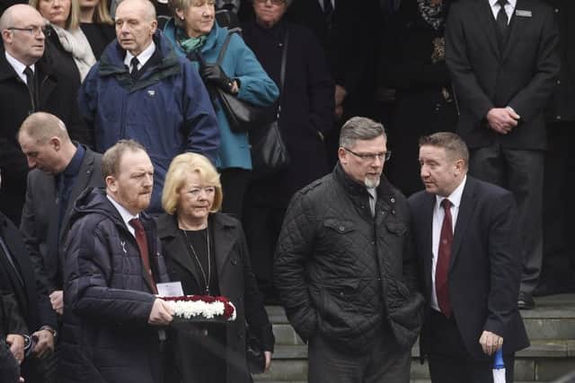 Hearts were represented by Scot Gardiner, Ann Budge, Craig Levein and John Robertson at Alex Young's funeral at Warriston Crematorium in Edinburgh. Picture: Greg Macvean
