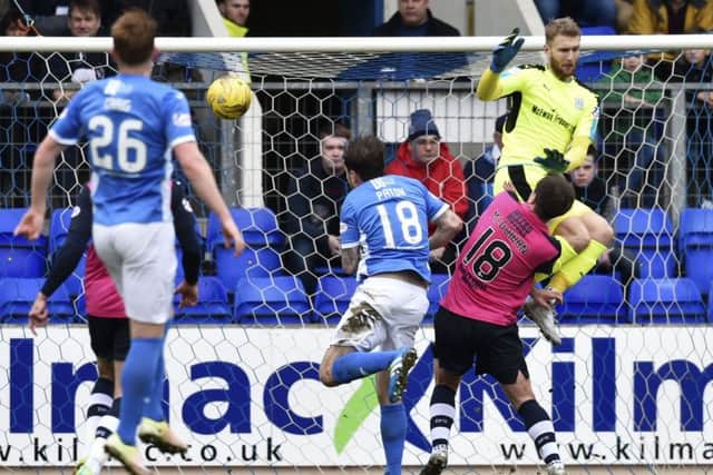 11/03/17 LADBROKES PREMIERSHIP
ST JOHNSTONE V DUNDEE
MCDIARMID PARK - PERTH
St Johnstone's Paul Paton puts the home side in front.