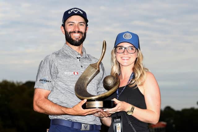Adam Hadwin celebrates his Valspar Championship win with fiancee Jessica Dawn. Picture: Getty Images