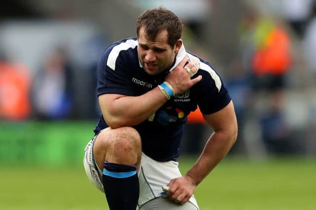Fraser Brown during Scotland's heavy loss to England in the Six Nations. Picture: Getty