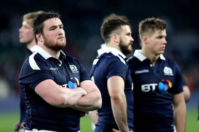 Tighthead Zander Fagerson cuts a dejected figure after Scotland's humbling defeat at Twickenham. Picture: Andrew Matthews/PA Wire.