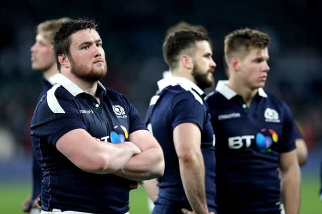 Tighthead Zander Fagerson cuts a dejected figure after Scotland's humbling defeat at Twickenham.  Picture: Andrew Matthews/PA Wire.