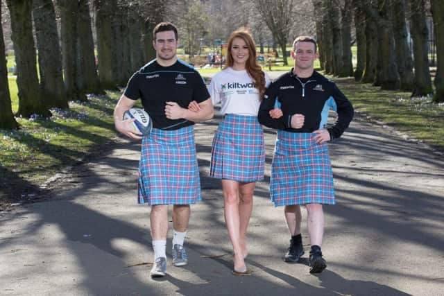Glasgow Warriors James Malcolm with Miss Scotland Lucy Kerr and fellow Warrior Nick Grigg. Picture: Mark Ferguson/Contributed