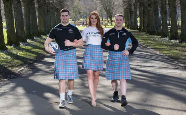 Glasgow Warriors James Malcolm with Miss Scotland Lucy Kerr and fellow Warrior Nick Grigg. Picture: Mark Ferguson/Contributed