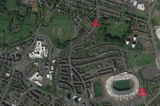 The site of the original Hampden Park is marked with 'A', while 'B' shows the location of the current stadium. Picture: Google Maps