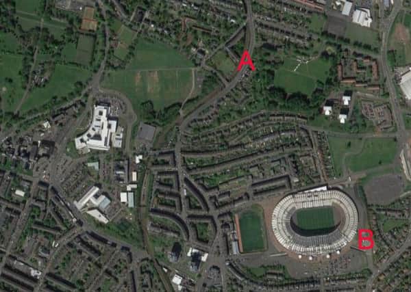 The site of the original Hampden Park is marked with 'A', while 'B' shows the location of the current stadium. Picture: Google Maps