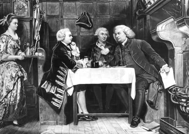 Dr Samuel Johnson (right) and his Scottish biographer James Boswell (middle) stayed  at the Saracen's Head Inn, Gallowgate, Glasgow,following their tour of the Hebrides in 1773.  Original Artwork: Illustration by Eyre Crowe. PIC Rischgitz/Getty Images.