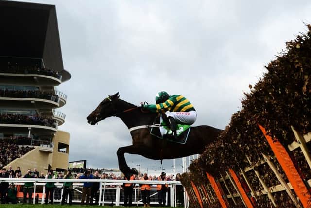 Buveur DAir, ridden by Noel Fehily, jumps the last on his way  to victory in the  Champion Hurdle. Picture: Getty.