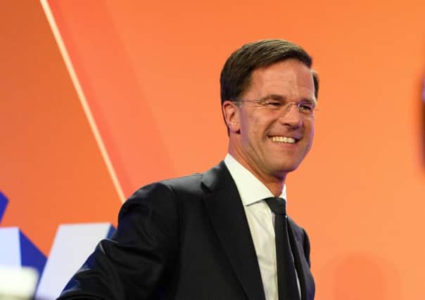 Dutch Prime Minister Mark Rutte makes a speech following his victory.  (Photo by Carl Court/Getty Images)