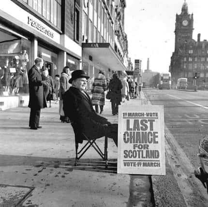 A yes campaigner on Princes Street,  Edinburgh, ahead of the 1979 referendum.