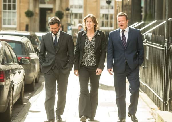 Dame Katherine Grainger, with Glen Gilson, left, and Matthew Gray of legal practice Gilson Gray. Picture: Wullie Marr