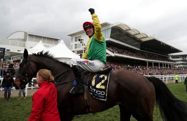 Jockey Robbie Power pumps his fist in delight after riding Sizing John to victory in the Gold Cup. Picture: David Davies/PA