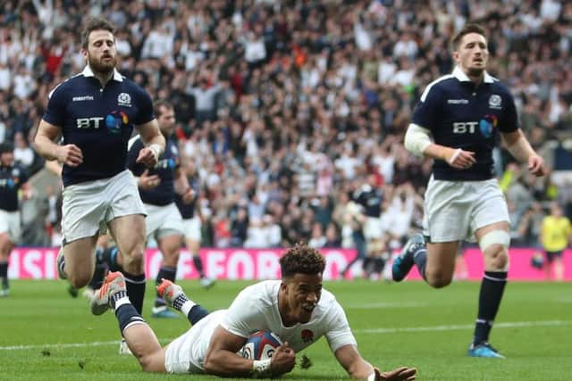 Anthony Watson scores for England as Scotland endured a miserable time at Twickenham. Picture: David Davies/PA Wire